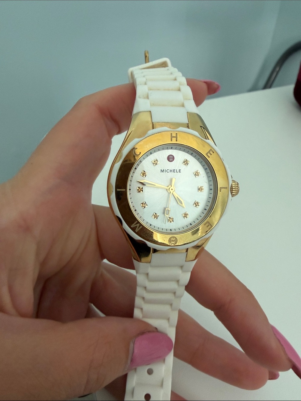 Michele White Silicone Strap Watch with Gold-Tone Bezel